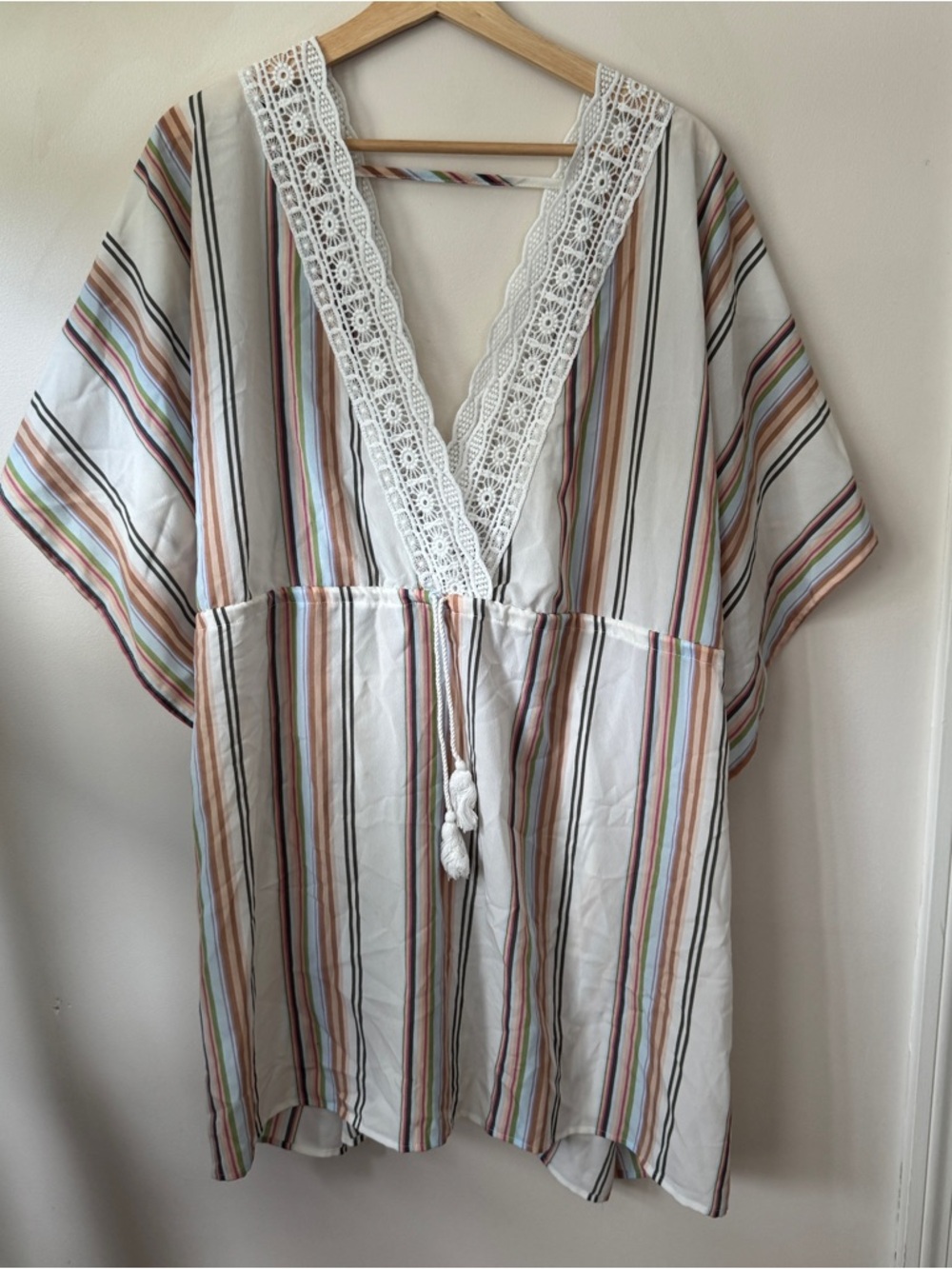 Cupshe White Multi-Stripe Crochet V-Neck Swim Coverup